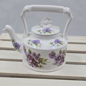 Arthur Wood 6496 Floral Ceramic Teapot w/ Lid White Purple Green Made England